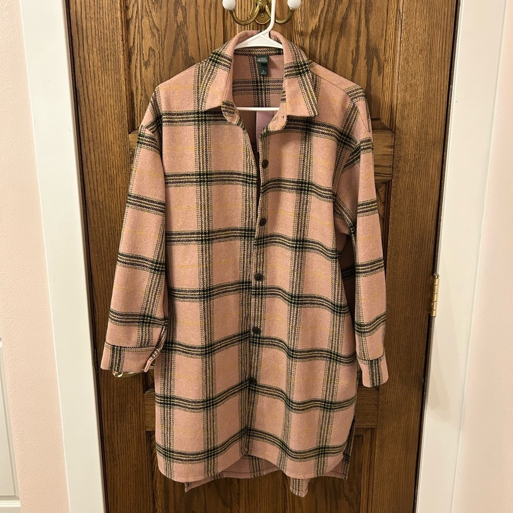 Wild Fable Pink Plaid Long Button-Up Jacket Shacket Size Medium NWT